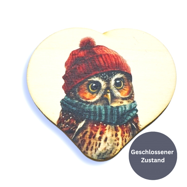 Geldgeschenk Holz - Herz mit Eule Weihnachten bedruckt